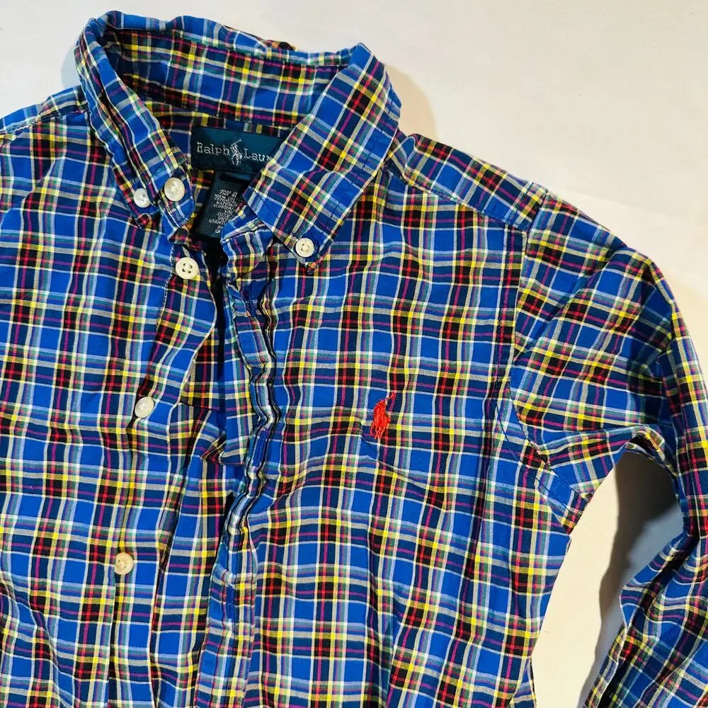 Ralph Lauren 100% Cotton Plaid Long Sleeve Button Down Poplin Top Sz 4